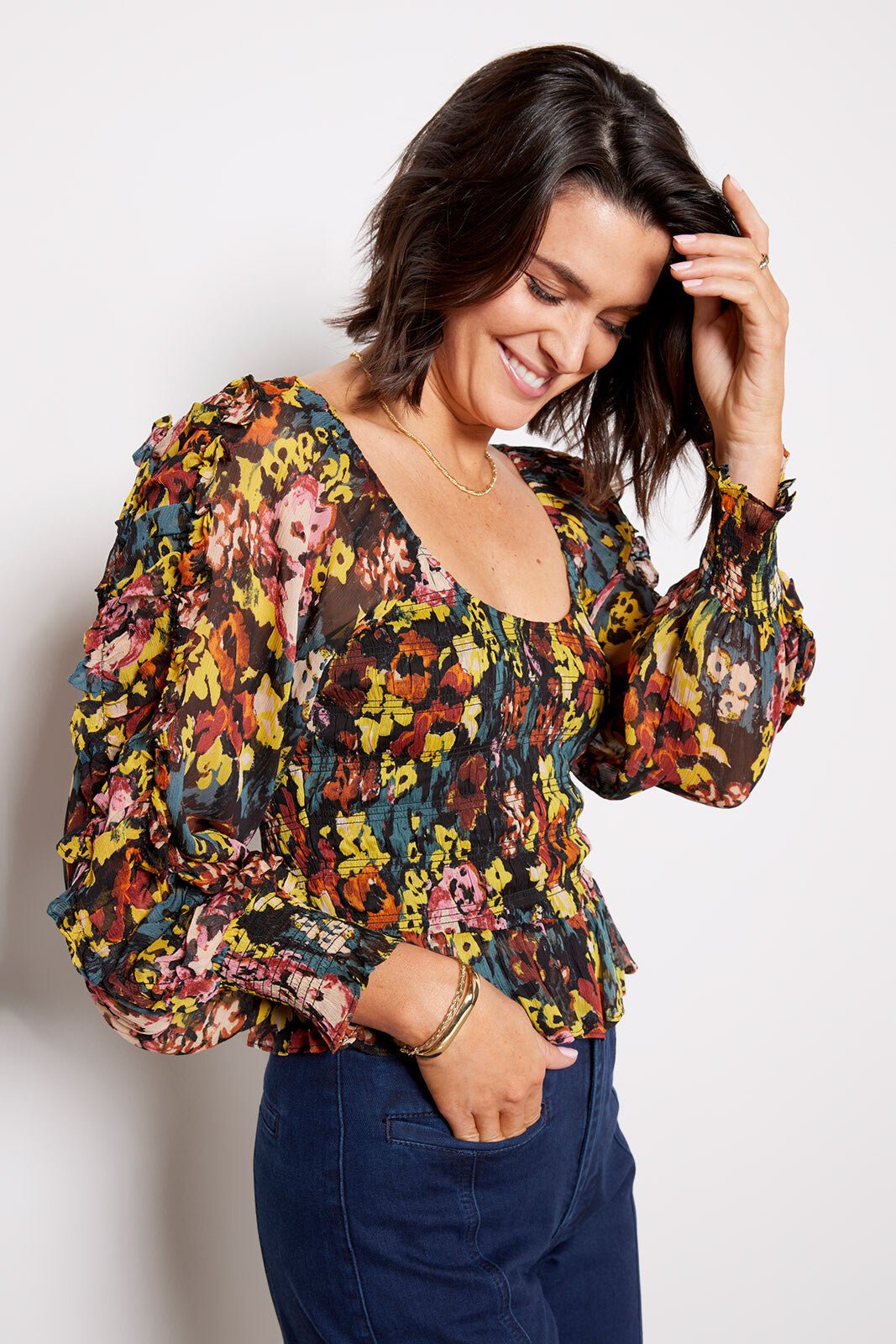 Cleobella Esme Floral Pattern Yellow And Brown Blouse-Apparel-The Life ™ Boutique | Westfield, NJ-L-The Life ™ Boutique | Westfield, NJ
